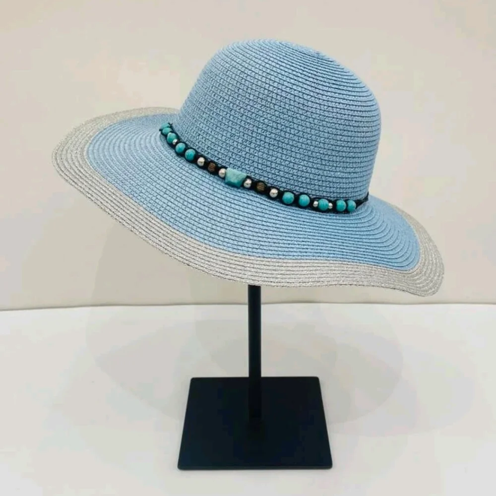 Floppy Hat Color block Blue Silver Shimmer Faux Turquoise Stone Beads - Picture 2 of 7